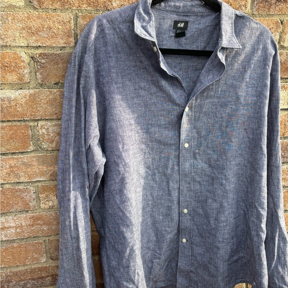 H&M Men's blue linen  Button Down Shirt